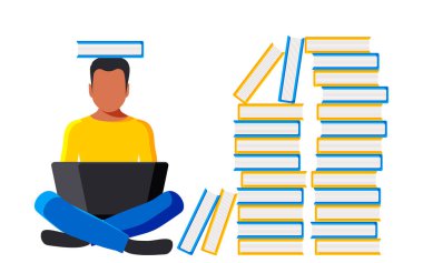 A cute purposeful student is sitting with a laptop among books and textbooks. Online education concept in blue and yellow colors flat style. Vector.