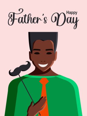Happy Father's Day. Modern postcard with a young African American man in a tie, who, for humor, holds a paper mustache in his hand, who became a father. Vertical pink background. Vector.
