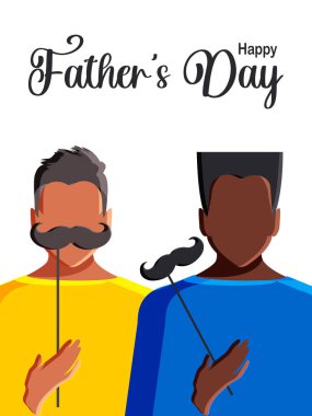 Happy Father's Day. Modern postcard with men of different religions and nationalities standing together and holding paper mustaches in hand for humor on a white background. Vector.