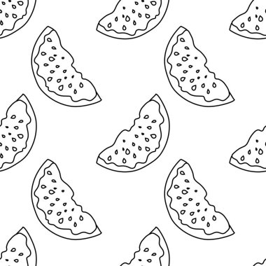 Çekirdekli karpuz dilimleri. Modern tekstil için kusursuz bir desen, dekoratif kağıt. Beyaz arka planda siyah doğrusal çizgiler. Vektör.