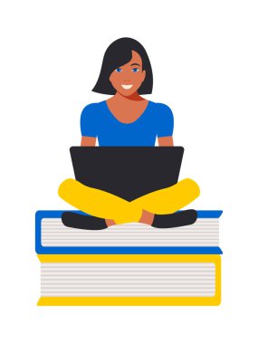 Ukraynalı öğrenci kadın dizüstü bilgisayarla oturuyor. Çevrimiçi eğitim konsepti mavi ve sarı renklerde düz stil. Serbest çalışan uzaktan kumanda. Vektör.
