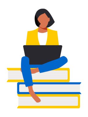 Ceketli tatlı bir kız öğrenci dizüstü bilgisayarla çıplak ayakla oturuyor. Çevrimiçi eğitim konsepti mavi ve sarı renklerde düz stil. Uzaktan kumandalı serbest çalışan. Vektör.