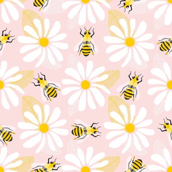 野生のカモミールの花やミツバチ ピンクの背景に大きな白い花や昆虫とシームレスな夏のパターン 現代の生地に印刷するため ベクトル — ストックベクタ