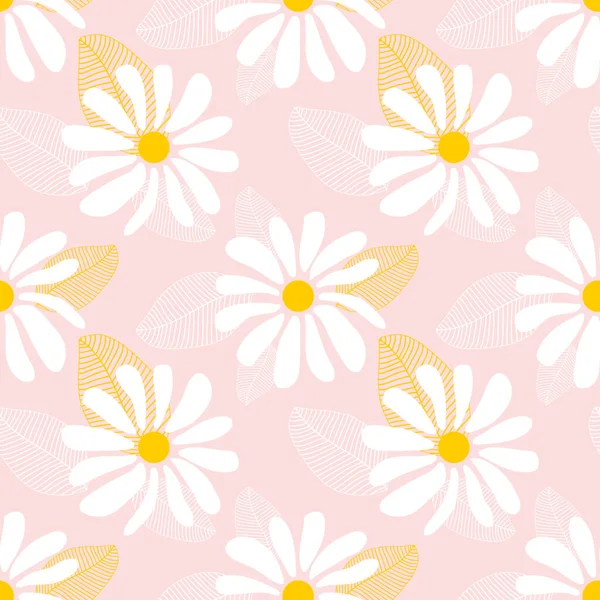 野生のカモミールの花 ピンクの背景に大きな白い花を持つシームレスな夏のパターン 現代の生地に印刷するため ベクトル — ストックベクタ