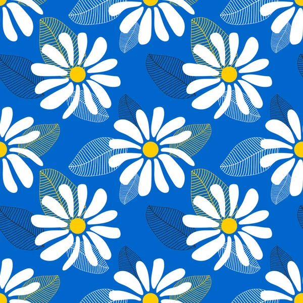 野生のカモミールの花 青い背景に大きな白い花を持つシームレスな夏のパターン 現代の生地に印刷するため ベクトル — ストックベクタ