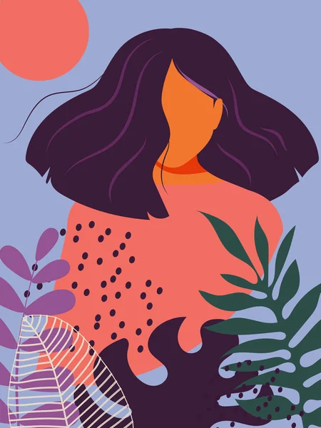 Woman Purple Flowing Hair Nature Tropical Leaves Engaged Mental Health — Stockvektor