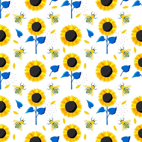 Sunflowers Bees Seamless Pattern Yellow Flowers Insects Blue Leaves Modern — стоковый вектор