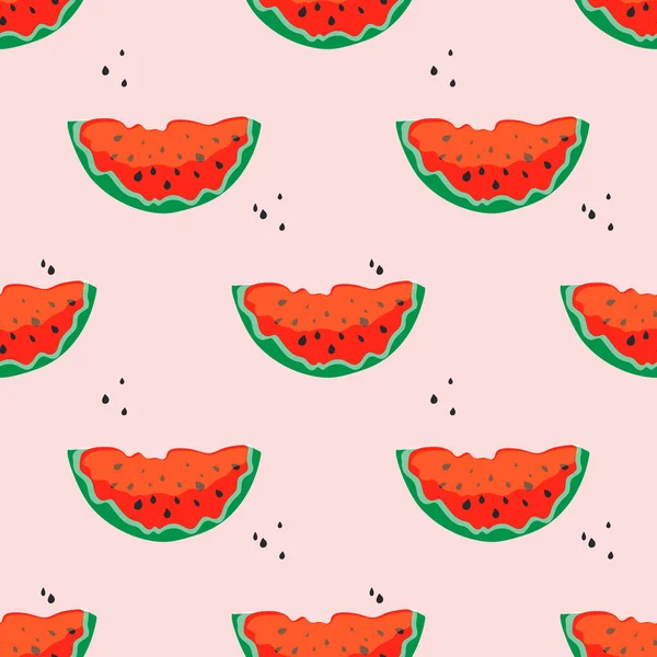 Snijwonden Van Rode Watermeloen Met Zaden Een Pastelroze Achtergrond Naadloos — Stockvector