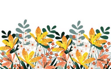 Different beautiful spring flowers on a white horizontal background with copy space. Template for a festive March postcard. 