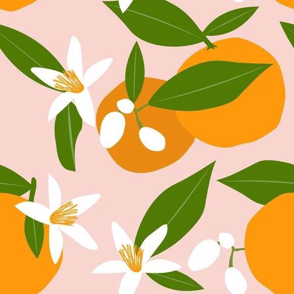 stock image Blossoming of oranges. Citrus tropical fruits on a pink background with green leaves create a cute seamless pattern for printing on fabrics. 