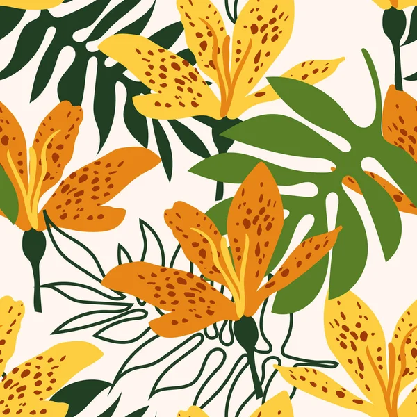 热带豹花 现代艺术未来的抽象和艺术棕榈叶白色背景 时尚面料无缝制植物学图案 — 图库照片