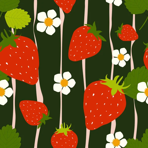 Rode Aardbeien Met Groene Bladeren Witte Bloemen Een Donkergroene Achtergrond — Stockfoto