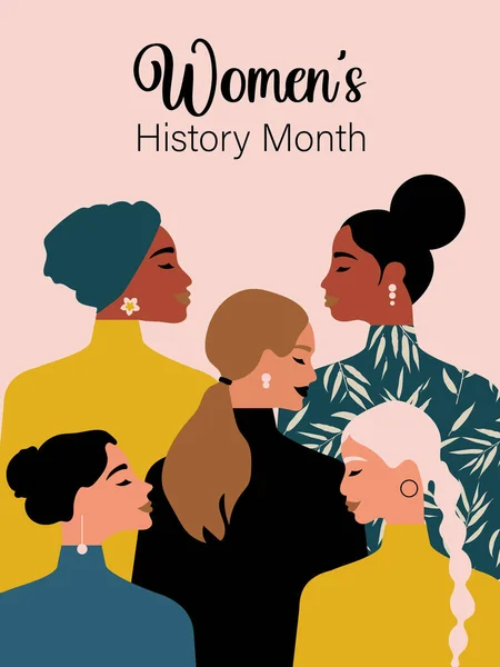 Women's History Month. Women of different ages, nationalities and religions come together. Pink vertical poster.