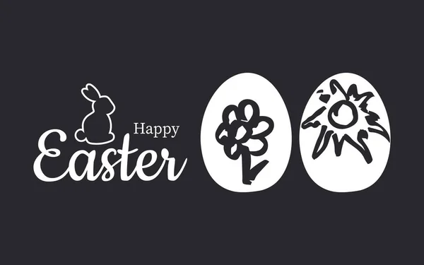 Frohe Ostern Frühlingskarte Mit Kaninchen Und Eiern Mit Handgezeichneter Sonne — Stockfoto