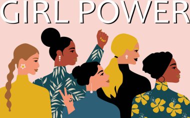 Kız gücü. Farklı yaşlardan, milletlerden ve dinlerden kadınlar bir araya gelir. Güçlü kadınların olduğu pembe yatay poster. 