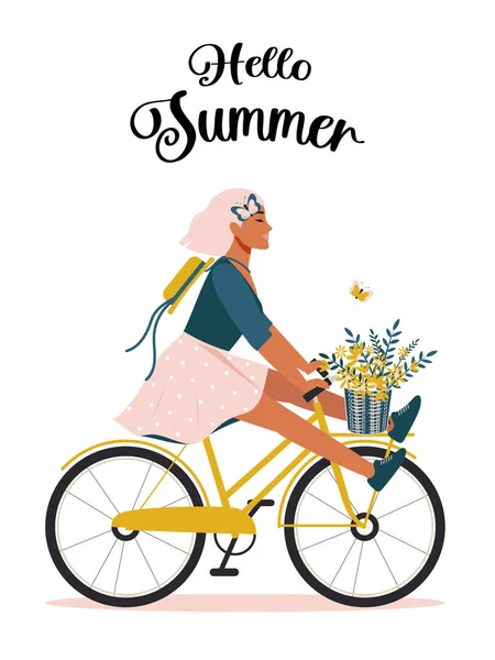 Hello Summer Happy Woman Rides Bike Enjoys Beginning Summer Improving — Stock Photo, Image
