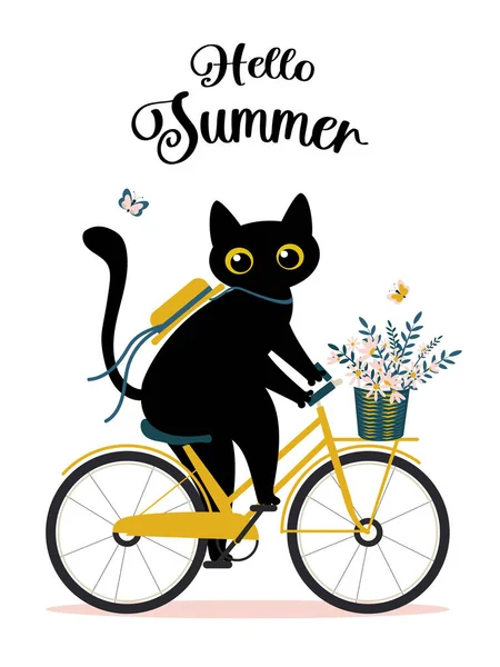 Γεια Σου Καλοκαίρι Μια Χαριτωμένη Μαύρη Γάτα Κάνει Ποδήλατο Και — Φωτογραφία Αρχείου