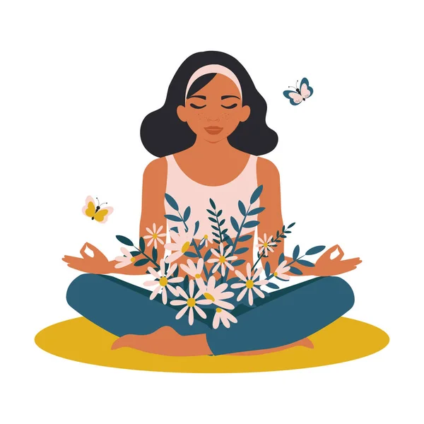 A woman sits cross-legged and meditates. From her inner peace and harmony, flowers bloom and butterflies fly.
