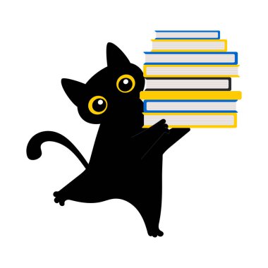 Siyah sevimli kedi pençelerinde bir sürü kitap tutuyor. Eğitim ve okuma konsepti. Vektör.