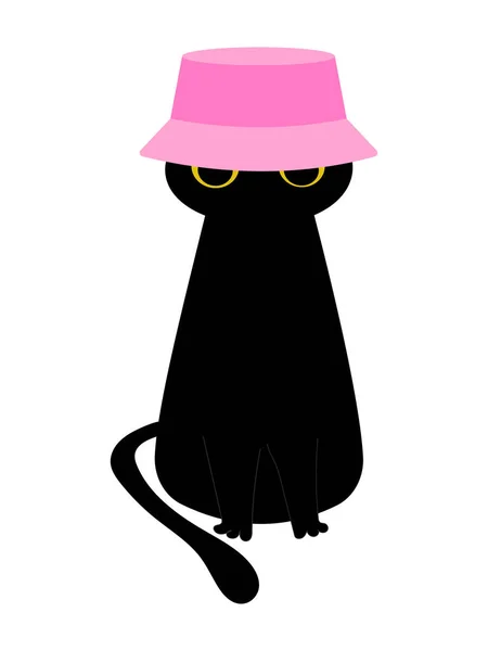 Черная Кошка Розовой Панамской Шляпе Выглядит Смешно Симпатичное Животное Сидит — стоковый вектор
