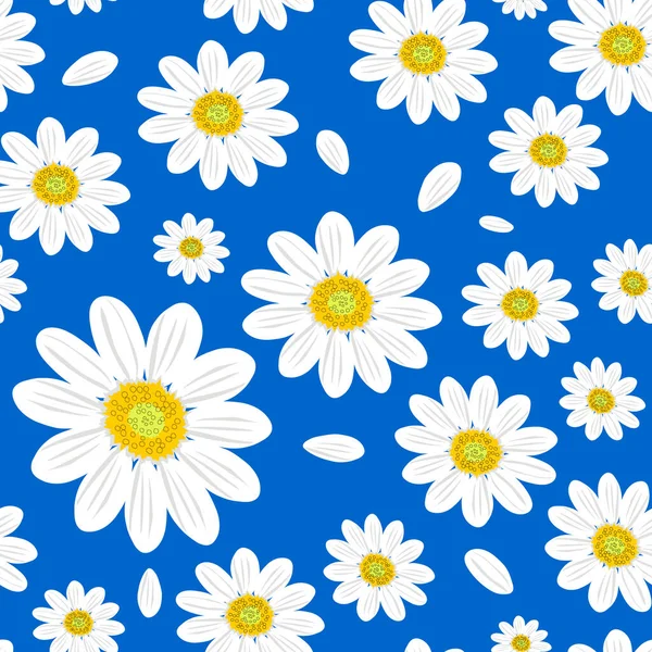 野生のカモミールの花 青い背景に大きな白い花を持つシームレスな夏のパターン 現代の生地 ファッション繊維 装飾紙に印刷するため ベクトル — ストックベクタ
