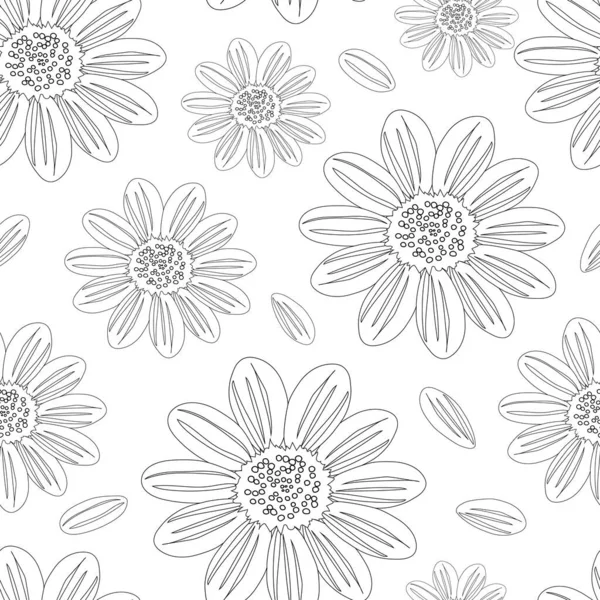 野生の野生の花カモミール黒の輪郭を着色する 白い背景に大きな花を持つシームレスな夏のパターン 織物に印刷するため ベクトル — ストックベクタ