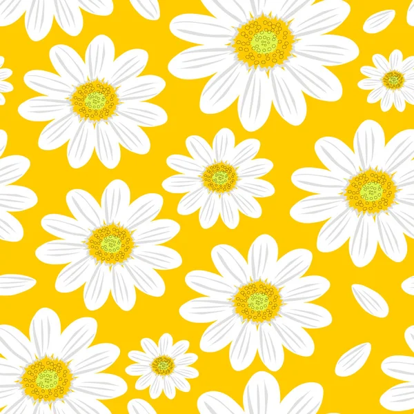 野生菊花 无缝隙的夏季图案 黄色背景上有白色的大花 用于织物 纺织品 纸张的印刷 — 图库矢量图片