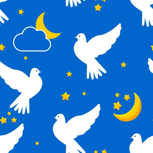 白鸽在蓝色的天空中 长着黄星和新月 没有缝隙的可爱图案 — 图库矢量图片