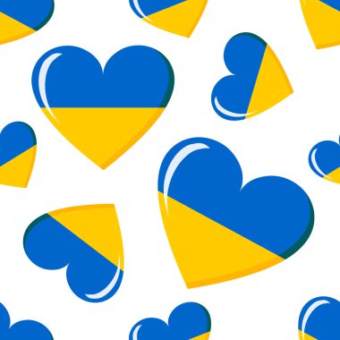 Tekstil ve kağıt ürünleri, sunum posterleri ve posterleri için kusursuz şirin desenler. Beyaz arka planda kalp şeklinde Ukrayna bayrağı. Vektör