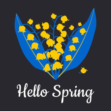 Vadideki zambak. Merhaba Spring. Siyah arka planda mavi ve sarı renkli çiçek kartı. Vektör