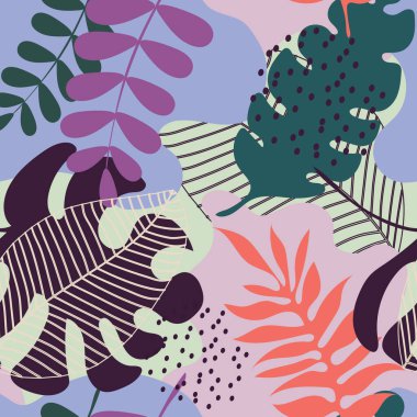 Tropik yapraklar mor ve yeşildir. Dekoratif tekstil ve moda kumaşları için güzel bitkileri olan kusursuz şirin desenler. Vektör.