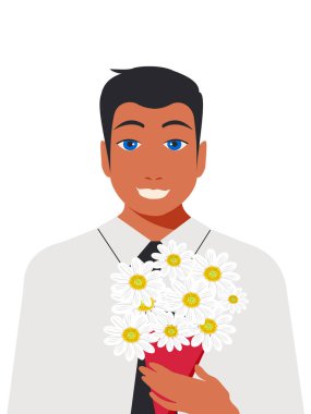 Kısa siyah saçlı, beyaz gömlekli, mavi gözlü ve siyah kravatlı yakışıklı bir adam elinde bir buket beyaz papatya tutuyor. Erkek hediyesi ve ilgi. Vektör.