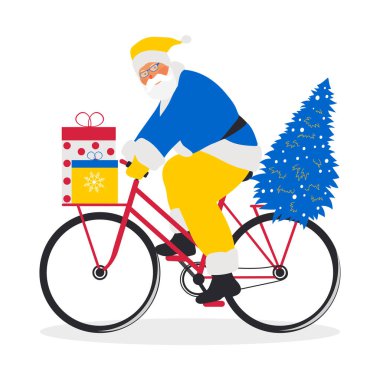 Bisikletli neşeli Noel Baba hediyeler ve Noel ağacı dağıtır. Şenlikli modern yeni yıl kartı. Vektör.