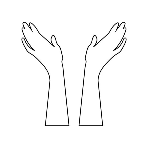 両手は指から肘まで上に上げられ 着色のために白い背景に黒い輪郭で描かれている ベクトル — ストックベクタ