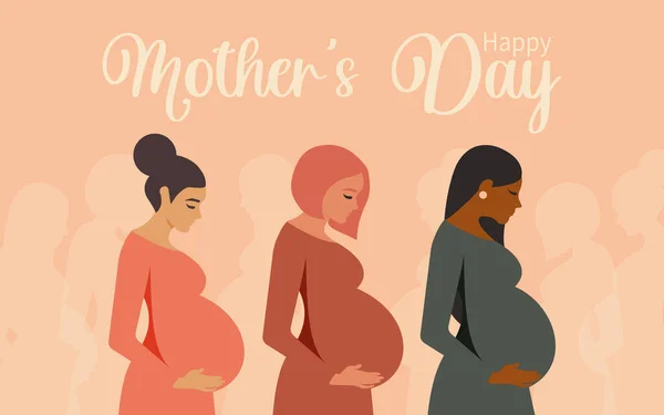 Feliz Dia Mãe Três Mulheres Grávidas Diferentes Nacionalidades Religiões Cartão — Vetor de Stock