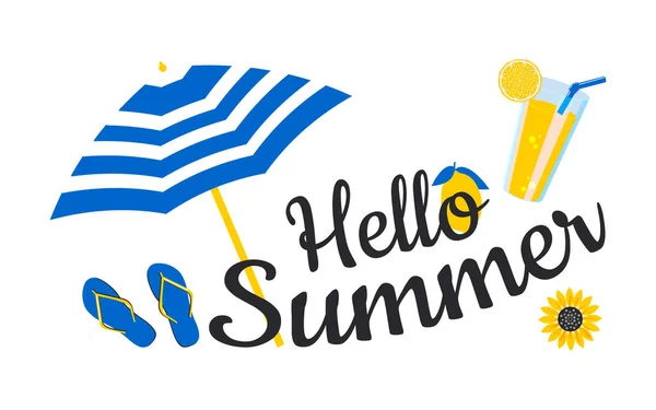 Γεια Σου Καλοκαίρι Οριζόντια Χαριτωμένη Αφίσα Λεμονάδα Σαγιονάρες Ομπρέλα Και — Διανυσματικό Αρχείο