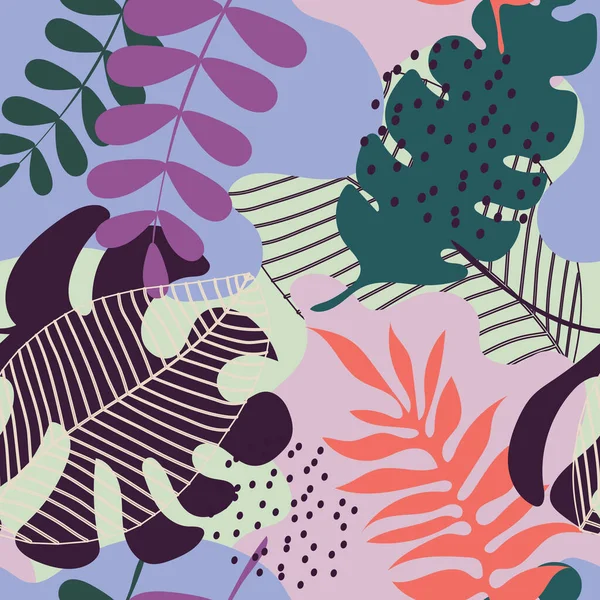 Trópusi Levelek Lilák Zöldek Zökkenőmentes Aranyos Minta Gyönyörű Növények Dekoratív — Stock Vector