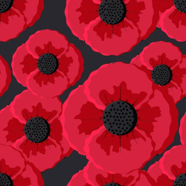 Red Poppies Seamless Pattern Black Background Spring Flowers Vector — Stock Vector