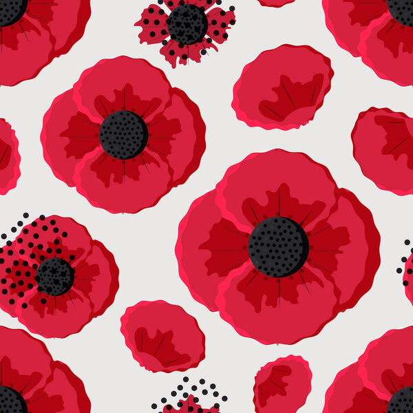 Red poppies on a light gray background. Seamless pattern with spring flowers for fashion textiles. Vector.