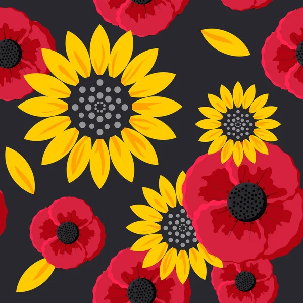赤いケシと黄色いひまわり 黒の背景と春の花 ウクライナのシンボルとシームレスなパターン ベクトル — ストックベクタ