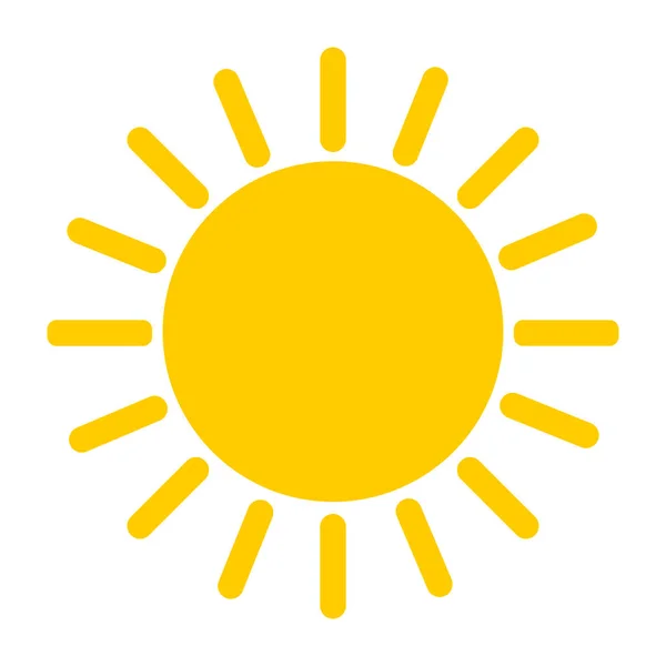 光線と黄色の大きなかわいい太陽 暖かいと暑い天気予報のアイコンは白い背景に隔離されています ベクトル — ストックベクタ