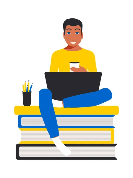 ウクライナの意図的な学生は 本のラップトップで座っています フラットスタイル青と黄色の色でオンライン教育の概念 ベクトル — ストックベクタ