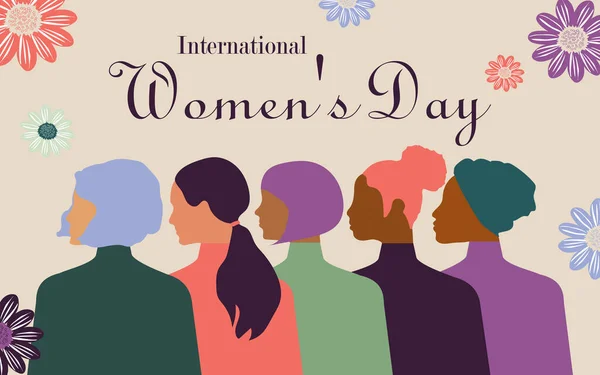 Dia Internacional Mulher Com Flores Multidão Mulheres Modernas Diferentes Nacionalidades —  Vetores de Stock