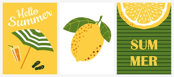 Hello Summer Set Cute Vertical Posters Tropical Lemon Citrus Lemonade — Stock Photo, Image