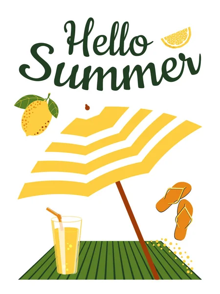 Hello Summer Cute Poster Tropical Lemon Citrus Lemonade Flip Flops — Stock Photo, Image