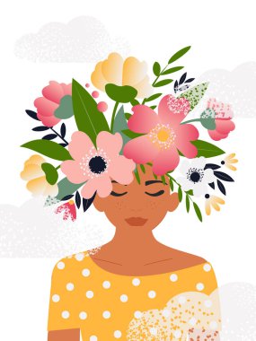 Özgür ve pozitif zihin kavramı, gelişmekte olan bir beyin. Kafasında çiçekler olan güzel bir kadının portresi ve bahar kartları için beyaz arka planda bulutlar. Kadınlar Günü. 