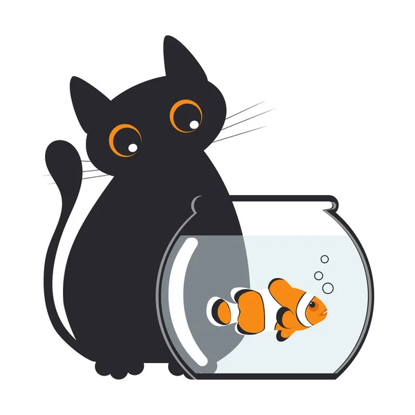Забавный Милый Черный Толстый Кот Смотрит Рыбу Клоуна Аквариуме Изолированном — стоковое фото