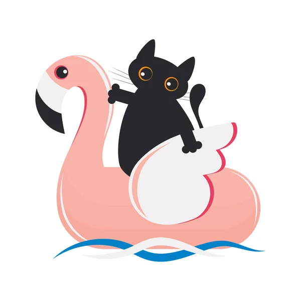 Černá Kreslená Kočka Růžovém Plameňáku Plave Mořských Vlnách Roztomilý Letní — Stock fotografie