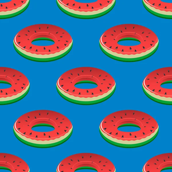 青い背景にスイカの形で赤い漫画インフレータブルサークル テキスタイルのためのシームレスな夏のかわいいパターン — ストック写真