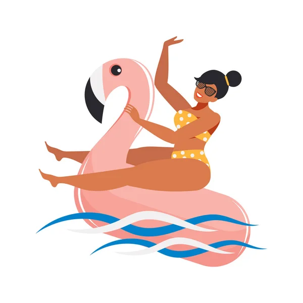 Eine Schöne Und Glückliche Junge Frau Auf Einem Rosafarbenen Flamingo — Stockfoto